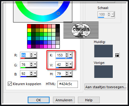 Ga naar het Kleurenpallet en klik met de muis in de Voor-of Achtergrondkleur en noteer de getallen bij K en V en klik op OK