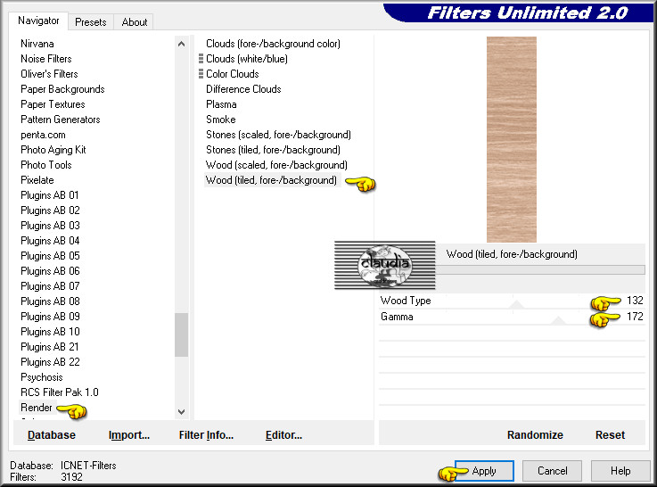 Effecten - Insteekfilters - <I.C.NET Software> - Filters Unlimited 2.0 - Render - Wood (tiles, fore-/background)