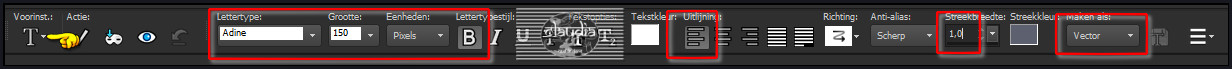 OF maak de tekst zelf met het bijgevoegde font "Adine Regular" met deze instellingen