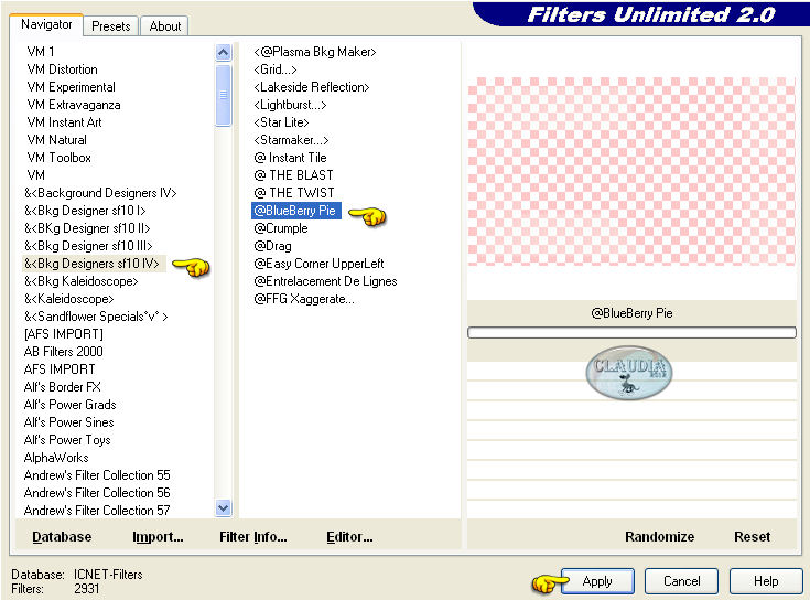 Instellingen filter Filters Unlimited 2.0 - Bkg Designers sf10 IV - @BlueBerrie Pie
