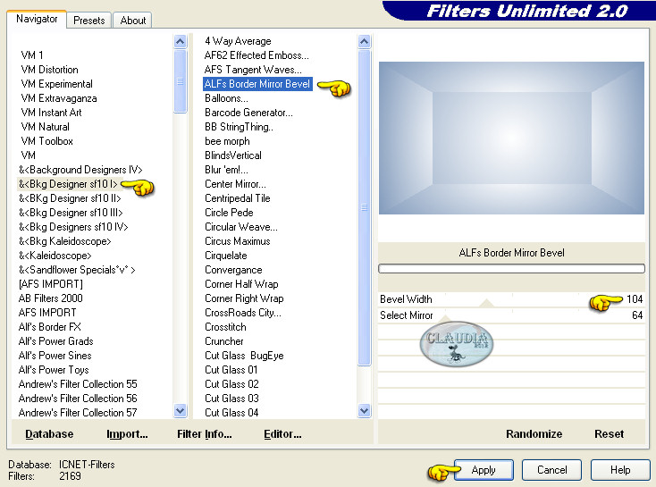 Instellingen filter Filters Unlimited 2.0 - Bkg Designers sf 10 I - ALFs Border Mirror Bevel