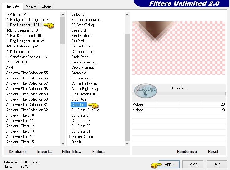Instellingen filter Bkg Designer sf10 I - Cruncher 