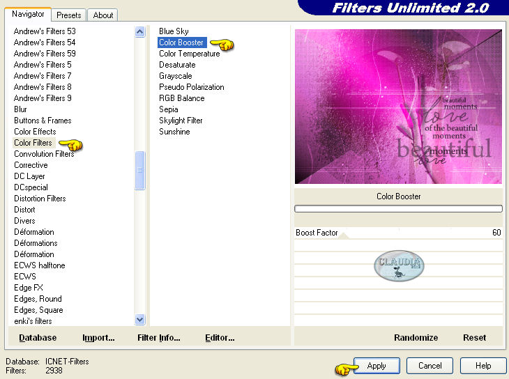 Instellingen filter Filters Unlimited 2.0 - Color Filters - Color Booster