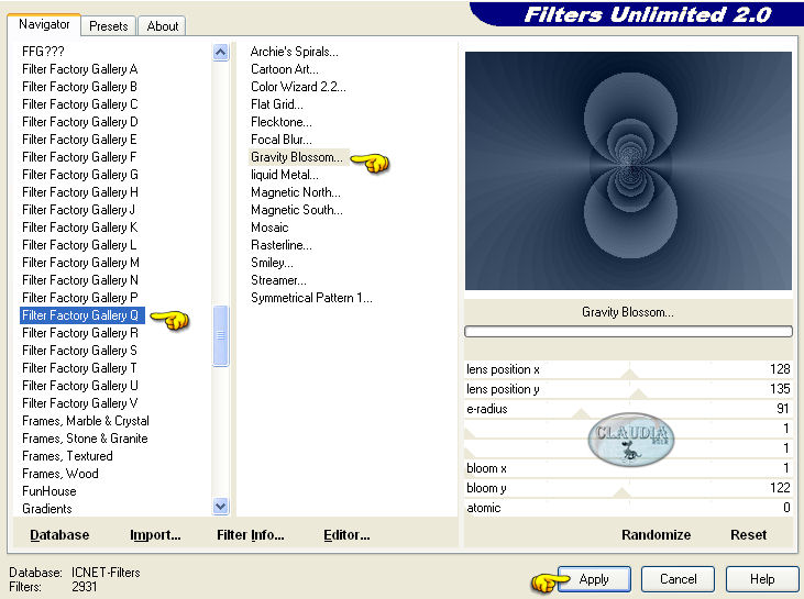 Instellingen filter Filters Unlimited 2.0 - Filter Factory Gallery Q - Gravity Blossom