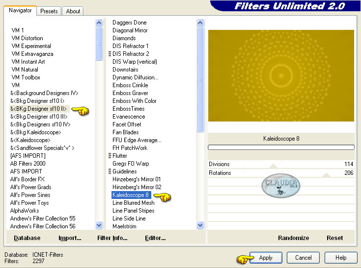 Instellingen filter Filters Unlimited 2.0 - Bkg Designer sf10 II - Kaleidoscope 8