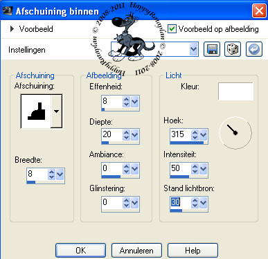 Instellingen afschuining binnen