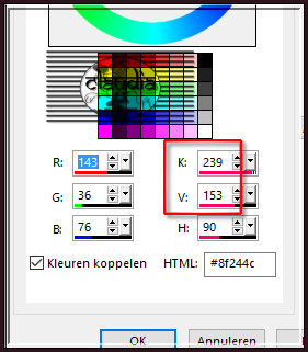 Ga naar het Kleurenpallet en klik met de muis in de Voorgrondkleur en noteer de getallen bij K en V en klik op OK :