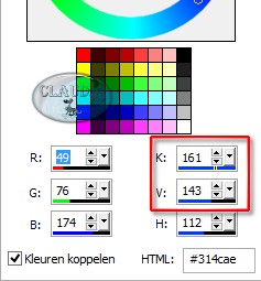 Ga naar het Kleurenpallet en klik met de muis in de Achtergrondkleur en noteer de getallen bij K en V : 