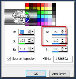 Ga naar het Kleurenpallet en klik met de muis in de Achtergrondkleur en noteer de getallen naast de letters K en V