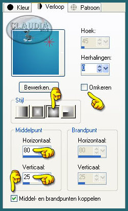 Klik met de muis in de Voorgrondkleur en maak een Verloop met deze instellingen