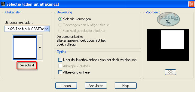 Selecties - Selectie laden/opslaan - Selectie laden uit alfakanaal : Selectie 4