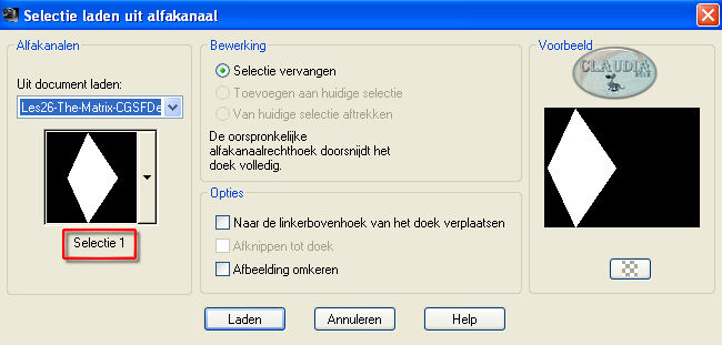 Selecties - Selectie laden/opslaan - Selectie laden uit alfakanaal : Selectie 1