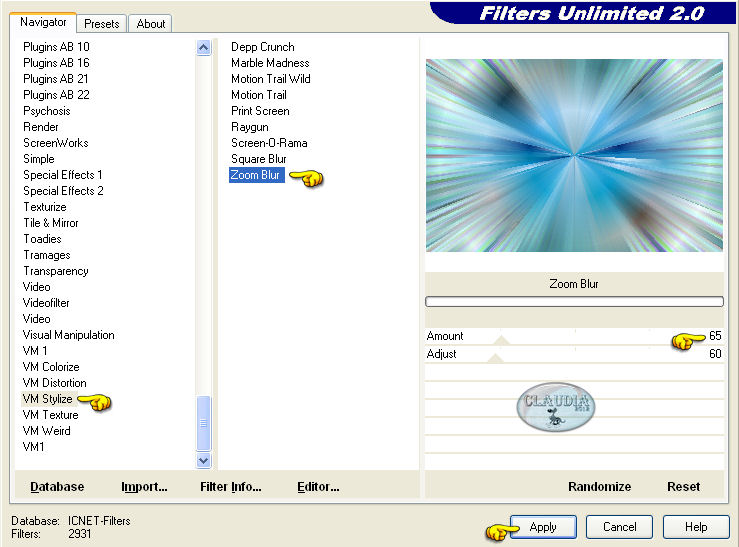 Effecten - Insteekfilters - <I.C. NET Software> - Filters Unlimited 2.0 - VM Stylize - Zoom Blur