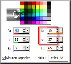 Klik met de muis in de Voorgrondkleur en noteer de getallen die bij K en V staan