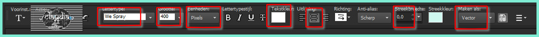 Activeer het Tekstgereedschap en zoek het font "We Spray" op met de volgende instellingen