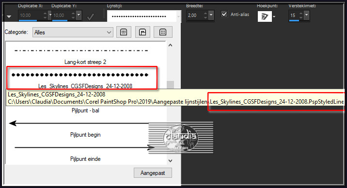 Activeer het Penseelgereedschap en zoek mijn Voorinstelling "Les_Skylines_CGSFDesigns_24-12-2008 " met deze instellingen