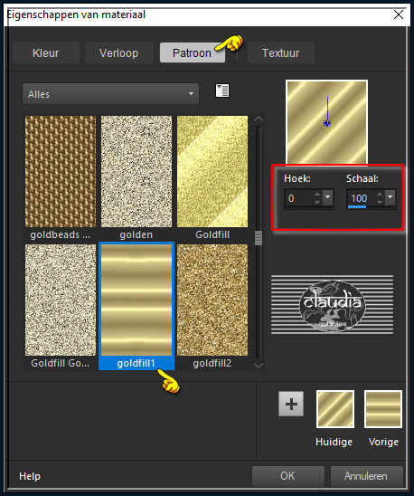Zoek het Patroon "goldfill1" en neem deze instellingen :