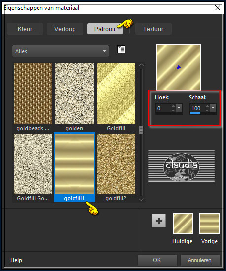 Zoek het Patroon "goldfill1" en neem deze instellingen : 
