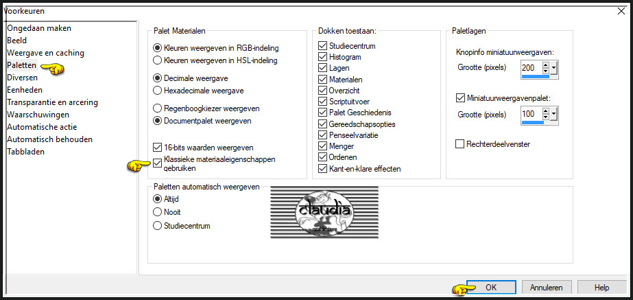 Klik op het tabblad "Paletten" (aan de linkerkant) en vink het vinkje aan bij "Klassieke materiaaleigenschappen gebruiken"