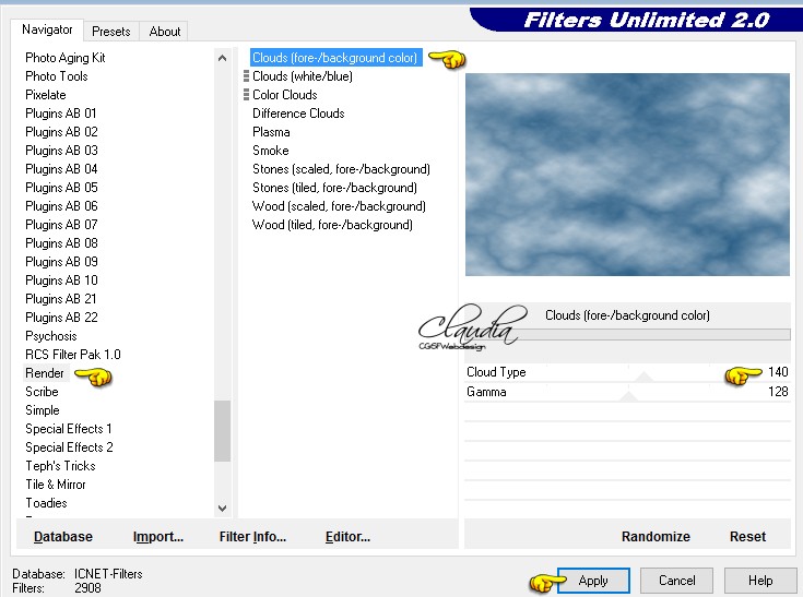 Instellingen filter Render - Clouds (fore-/background color)