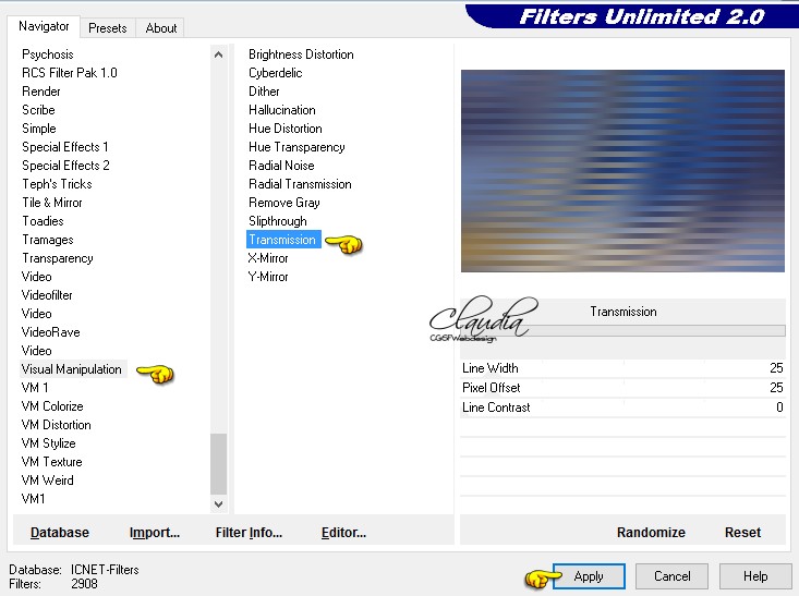 Instellingen filter Filters Unlimited 2.0 - Visual Manipulation - Transmission