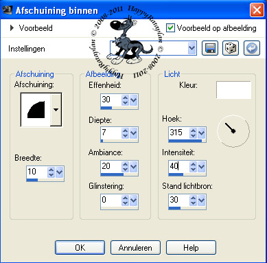 Instellingen voor de afschuining binnen