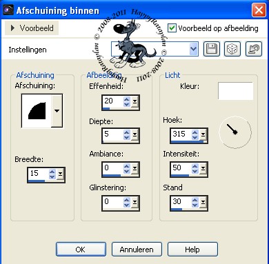 Instellingen afschuining binnen