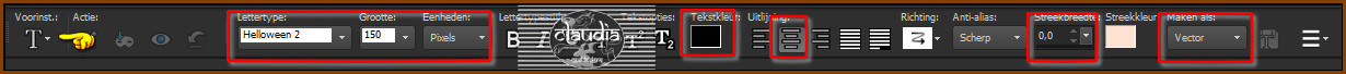 Activeer het Teksgereedschap en zoek het font "Helloween 2" met deze instellingen