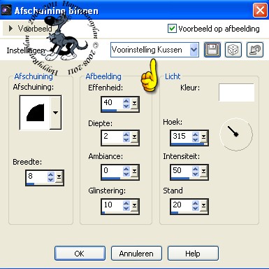 Instellingen afschuining binnen