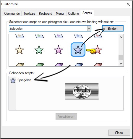 Kies nu een icoontje uit waar je het "Spiegelen" aan wil koppelen en klik daarop. Klik nu op de knop "Binden" en het "Spiegelen" is nu verbonden met dit icoontje en staatonderaan in het kader "Gebonden Scripts".