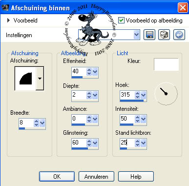 Instellingen afschuining binnen