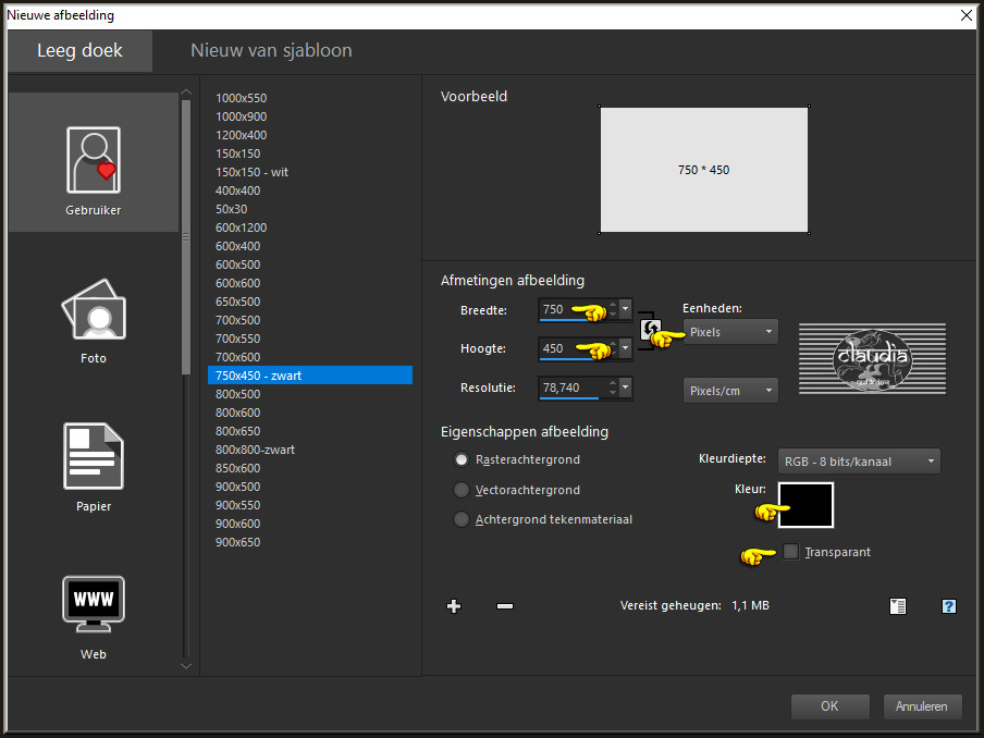 Open een Nieuwe afbeelding van 750 x 450, zwart