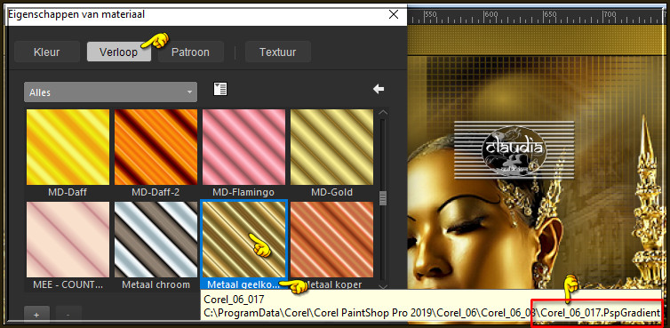 Ga naar het Kleurenpallet en klik in de Voorgrondkleur en daarna op het tabblad "Verloop". Zoek het Verloop "Corel_06_017" (= Metaal geelkoper) met deze instellingen