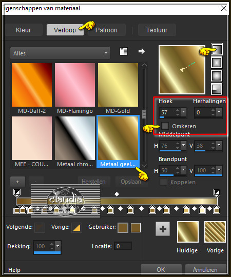 Ga naar het Kleurenpallet en klik in de Voorgrondkleur en daarna op het tabblad "Verloop". Zoek het Verloop "Corel_06_017" (= Metaal geelkoper) met deze instellingen