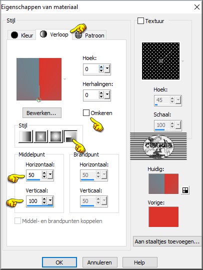 Ga naar het Kleurenpallet en maak van de Voorgrondkleur een Verloop met deze instellingen