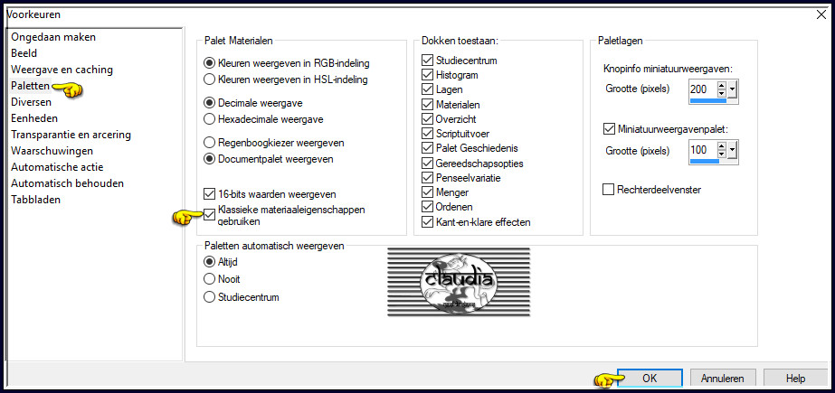 Bestand - Voorkeuren - Algemene programmavoorkeuren