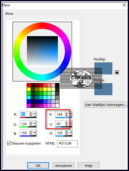 Noteer de getallen bij K en V (= Kleurtoon en verzadiging)