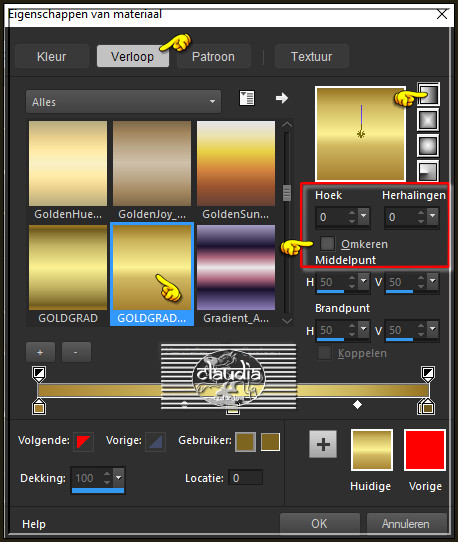 Zoek het Verloop "GOLDGRADIENT" met deze instellingen