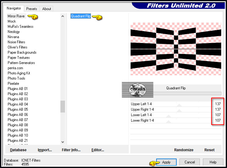 Effecten - Insteekfilters - <I.C.NET Software> - Filters Unlimited 2.0 - MirrorRave - Quadrant Flip