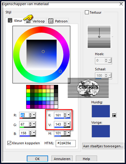 Ga naar het Kleurenpallet en klik met de muis in de Voor-of Achtergrondkleur en noteer de getallen bij K en V en klik op OK :