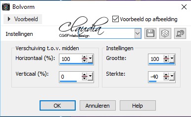 Instellingen Vervormingseffect - Bolvorm