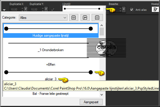 Activeer het Penseelgereedschap en zoek bij "Lijnstijl" de preset "aliciar_3"