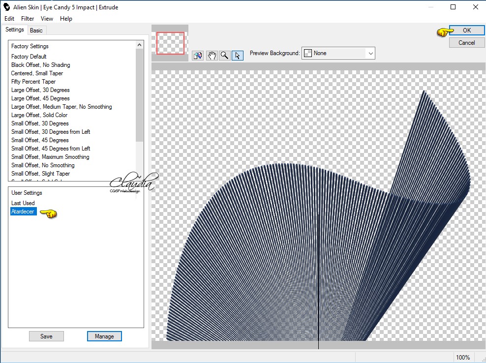 Instellingen filter Eye Candy 5 : Extrude