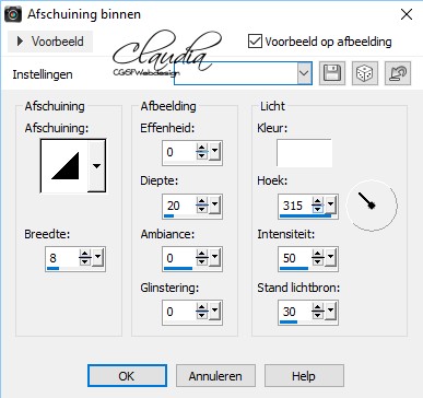 Instellingen Afschuining binnen