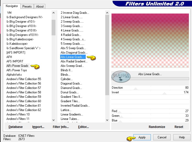 Instellingen filter Alf's Power Grads - Abs Linear Grads