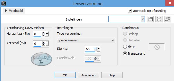 Instellingen Vervormingseffect - Lensvervorming