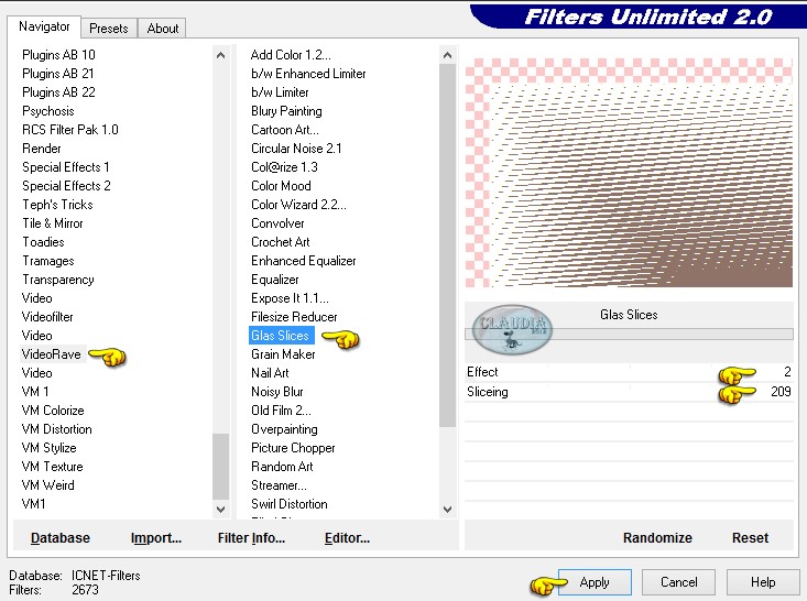 Instellingen filter : Filters Unlimited 2.0 - VideoRave - Glas Slices