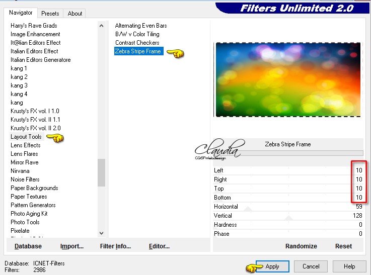 Instellingen filter Layout Tools - Zebra Stripe Frame