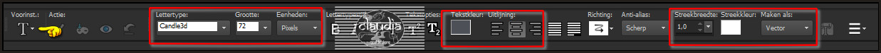 Activeer het Tekstgereedschap en zoek het font "Candle3D" met deze instellingen