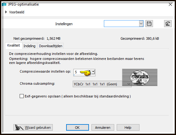 Sla je werkje op als JPEG-formaat met een compressiewaarde van 5 